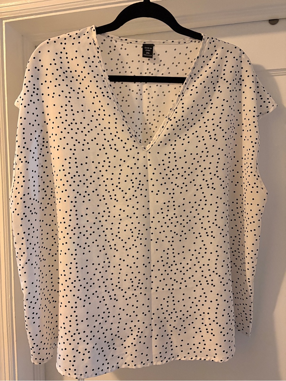 SHEIN White V-Neck Black Polka Dot Blouse